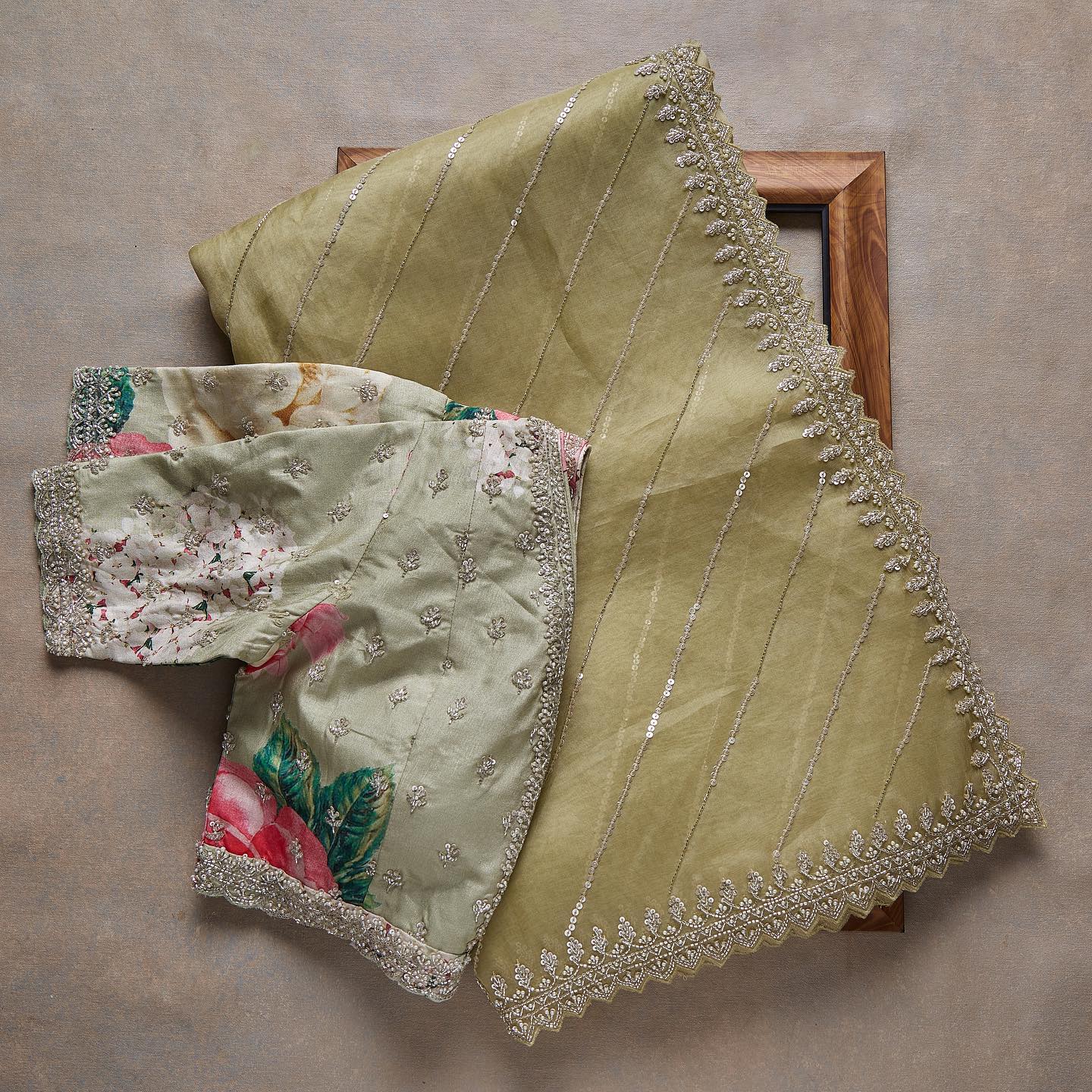 Green Beige Sequins Embroidered Organza Saree