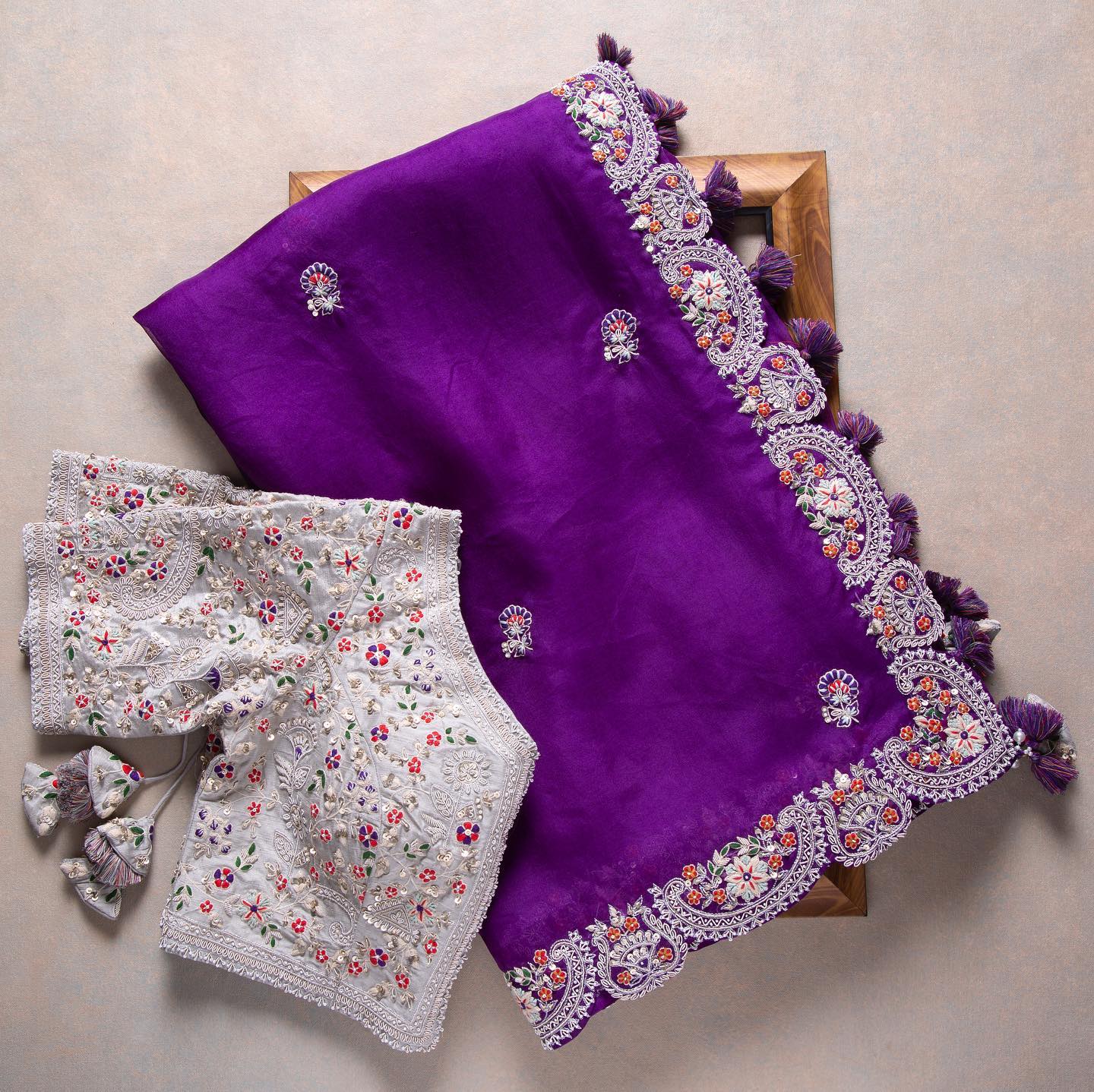 Purple Organza Silk Embroidery Work Saree With Blouse