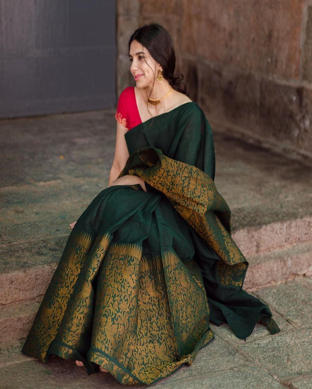 The Silk Beautiful Dark Green & Golden Banarasi Jacquard Silk Designer Sarees