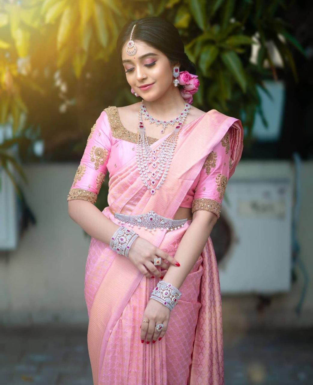 Profuse Pink Soft Silk Saree With Magnific Pink Blouse Piece