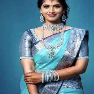 Marvellous Firozi Soft Banarasi Silk Saree With Unique Blouse Piece