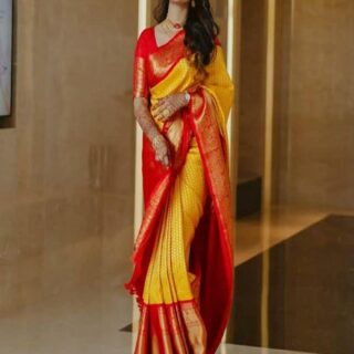 Improbable Yellow Soft Banarasi Silk Saree With Exuberant Blouse Piece