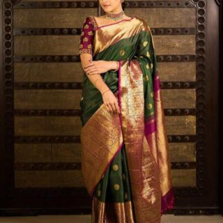 Dazzling Green Soft Banarasi Silk Saree With Girlish Blouse Piece