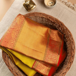 The Silk Magic Yellow & Orange Pure Kanchipuram Saree Online with 0.80m Attached Blouse
