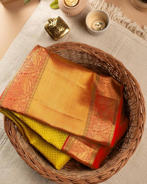 The Silk Magic Yellow & Orange Pure Kanchipuram Saree Online with 0.80m Attached Blouse