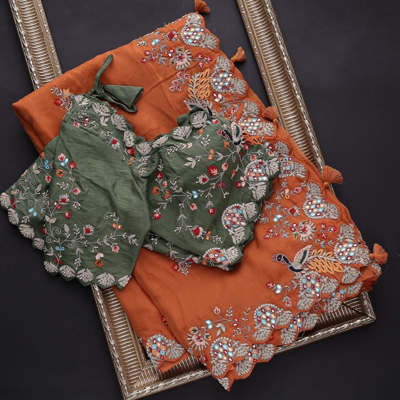 Orange Green Colour Rangoli Silk Sequence Embroidery Work Saree With Blouse