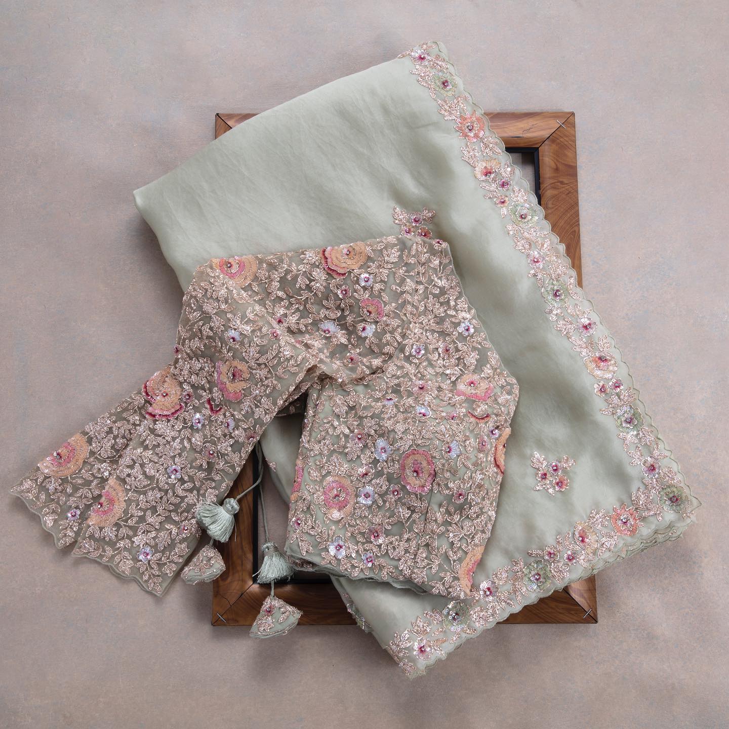 Pista Colour Rangoli Silk Sequence Embroidery Work Saree With Blouse