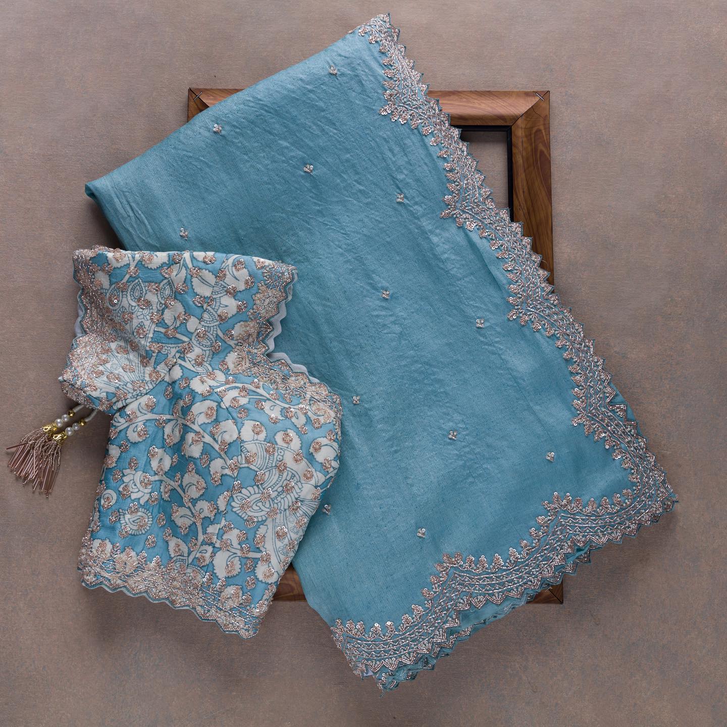 Sky Blue Colour Rangoli Silk Sequence Embroidery Work Saree With Blouse