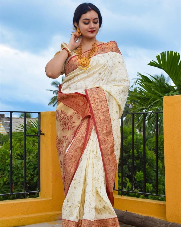 The Silk Women's Beautiful Off White Color Saree With Contrast Blouse for Festival & Wedding