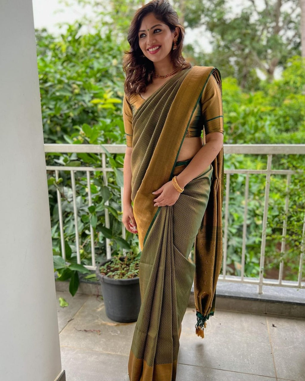 Eye catching Mehndi Soft Silk Saree with Comely Blouse Piece - Image 2
