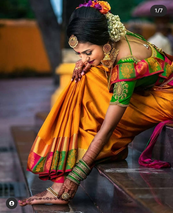 Assemblage Yellow Soft Banarasi Silk Saree With Demesne Two Blouse - Image 2