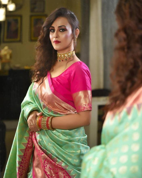 The Silk New Pista Pink Colour Beautiful Rich Pallu & Jacquard Work 5.5 m saree - Image 2