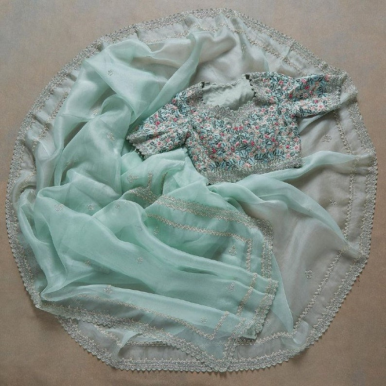 Sky Blue Colour Rangoli Silk Sequence Embroidery Work Saree With Blouse - Image 3