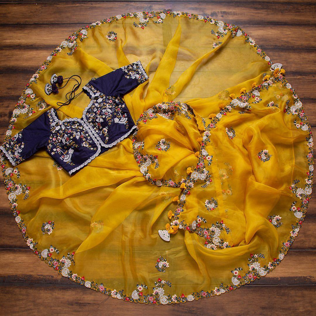 Yellow Colour Rangoli Silk Sequence Embroidery Work Saree With Blouse - Image 2