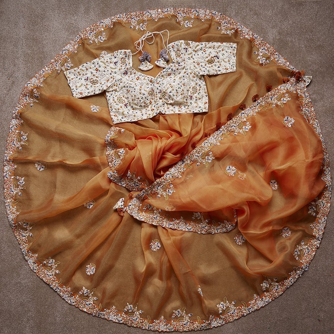 Orange Colour Rangoli Silk Sequence Embroidery Work Saree With Blouse - Image 3