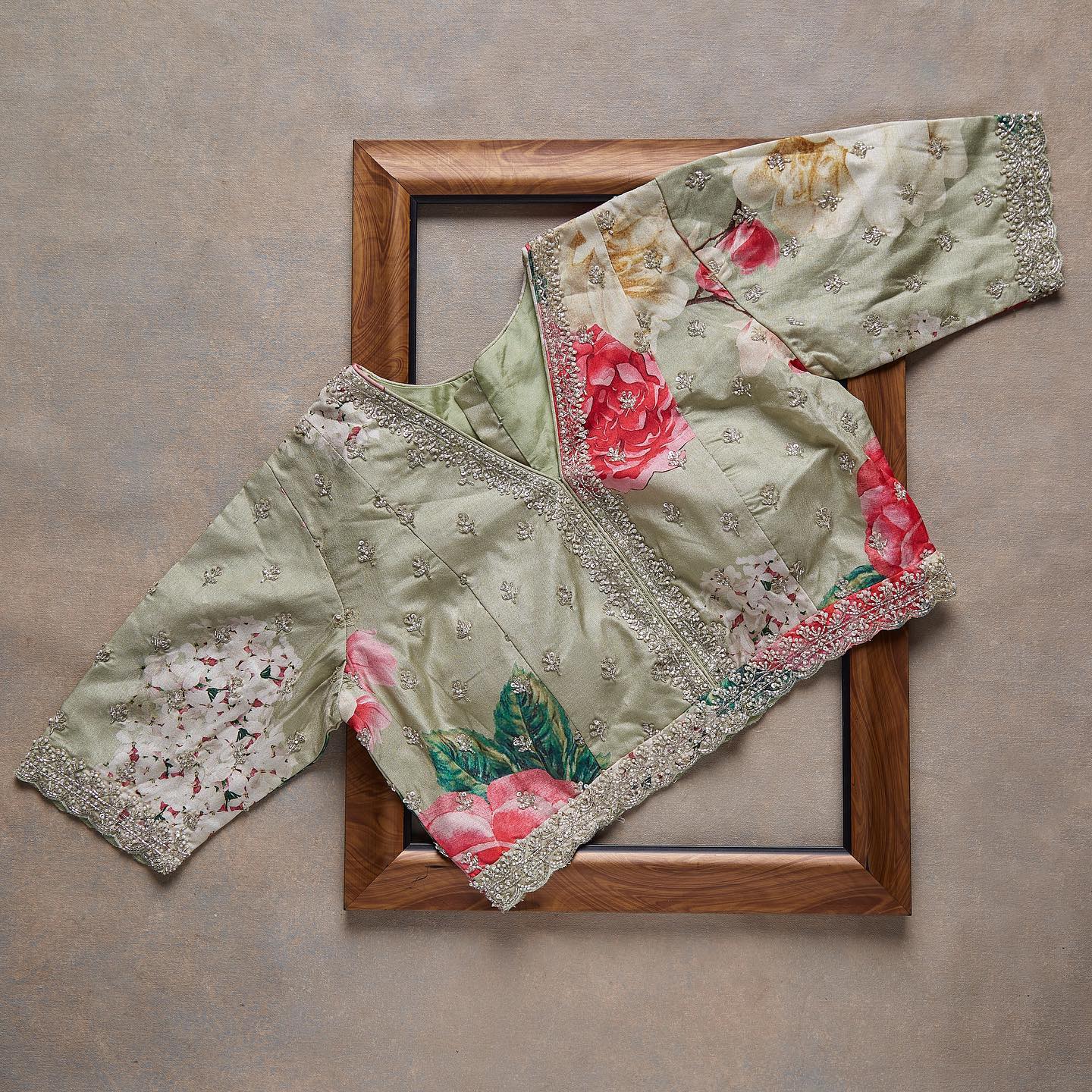 Green Beige Sequins Embroidered Organza Saree - Image 2