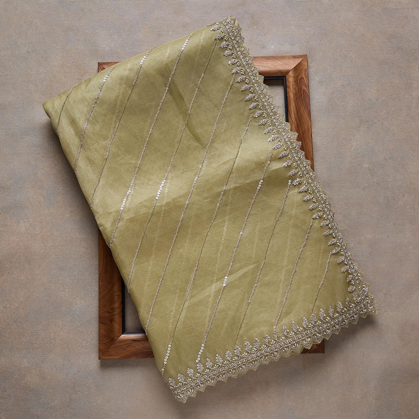 Green Beige Sequins Embroidered Organza Saree - Image 3
