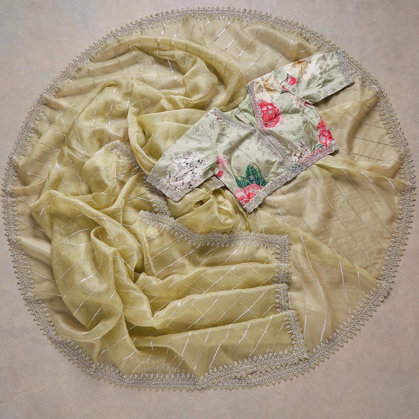 Green Beige Sequins Embroidered Organza Saree - Image 4