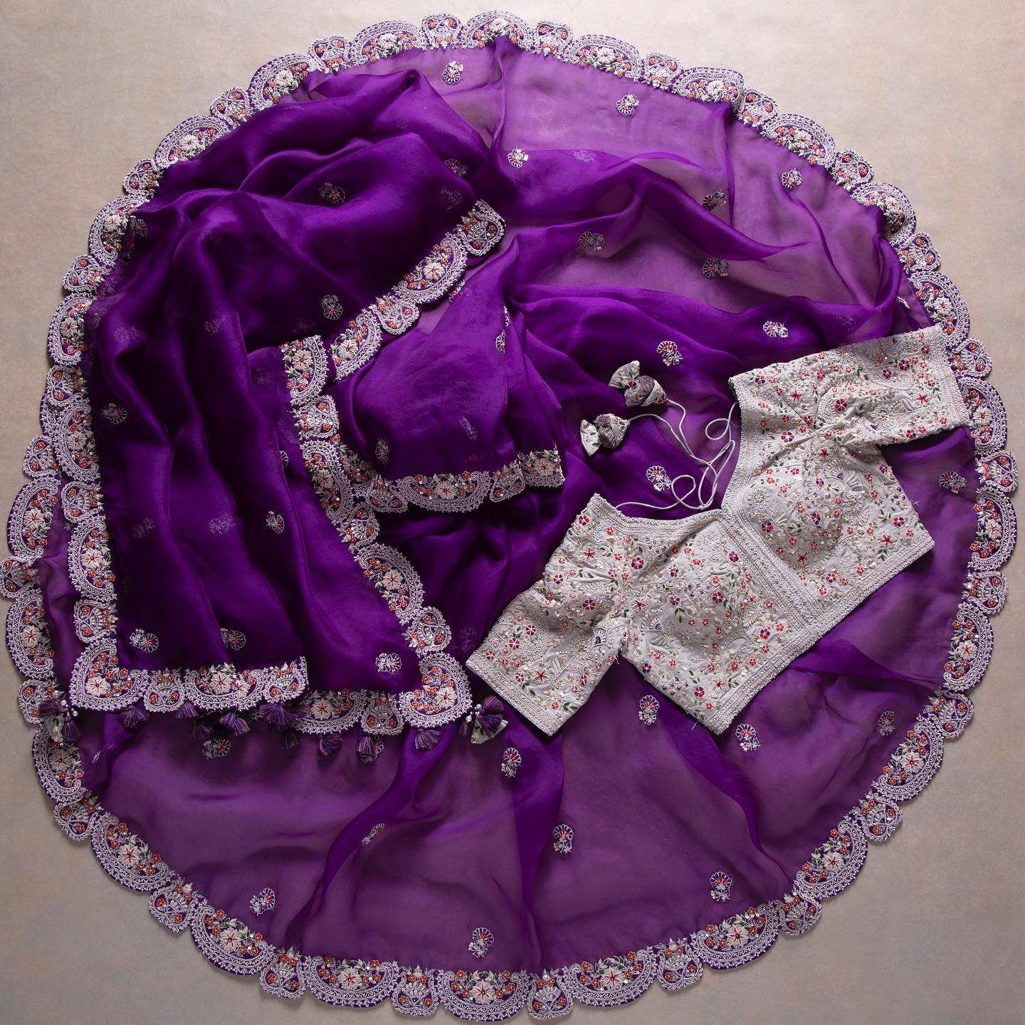 Purple Organza Silk Embroidery Work Saree With Blouse - Image 2