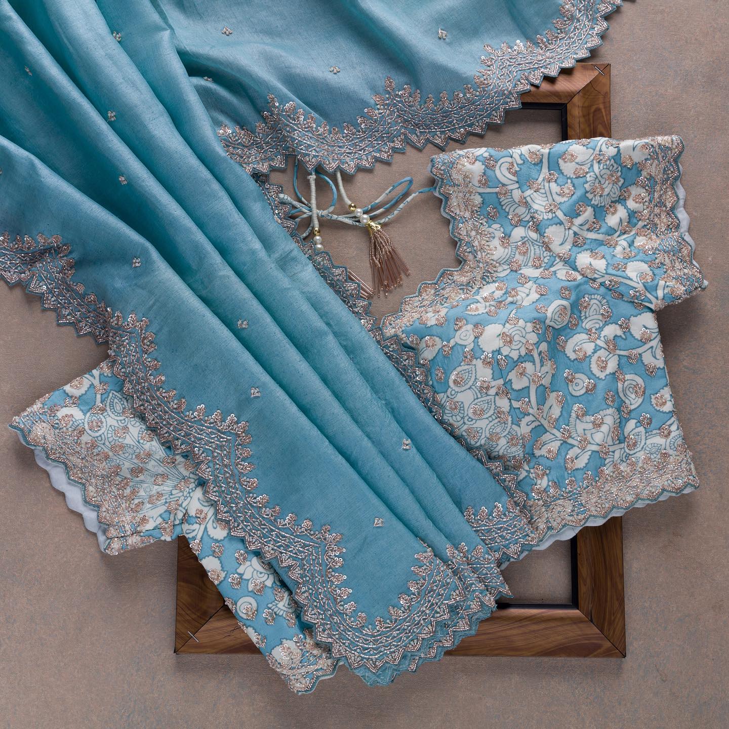 Sky Blue Colour Rangoli Silk Sequence Embroidery Work Saree With Blouse - Image 3