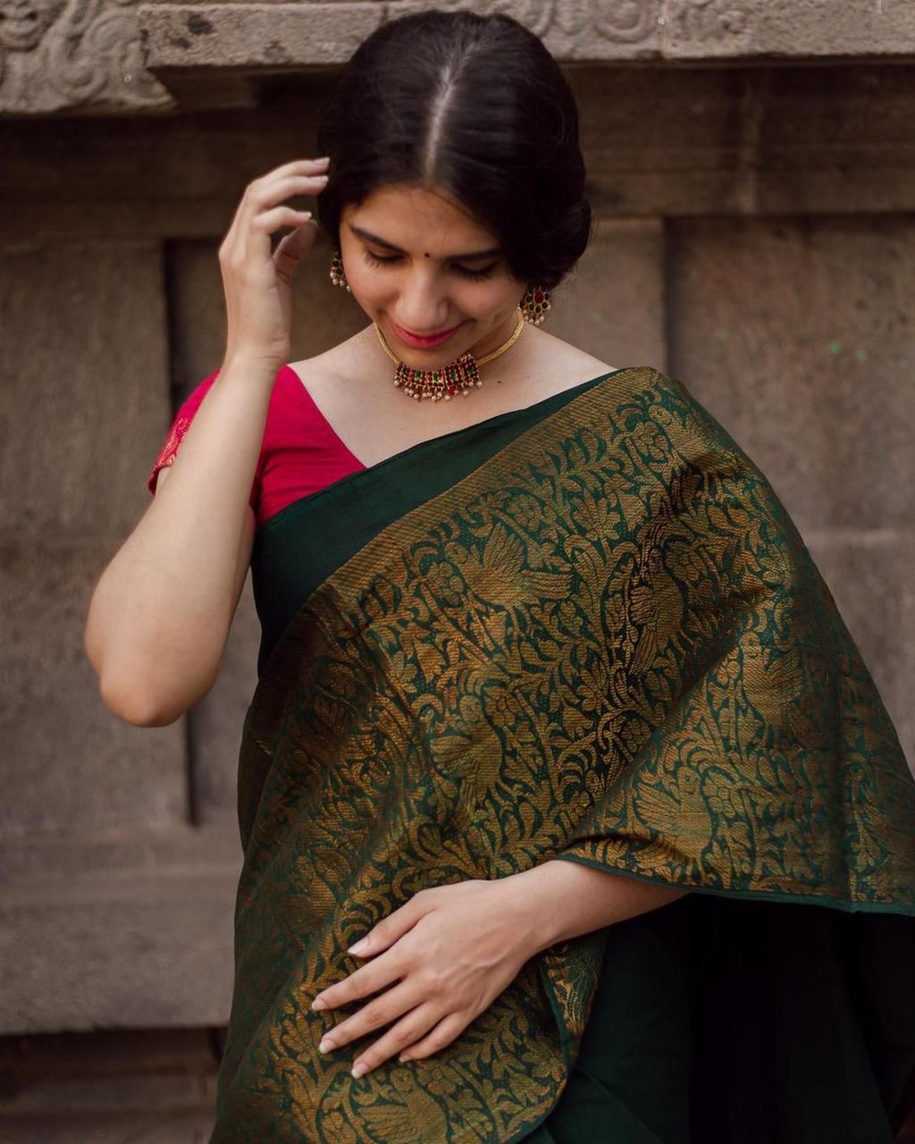 The Silk Beautiful Dark Green & Golden Banarasi Jacquard Silk Designer Sarees - Image 3