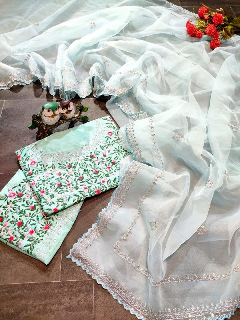 Sky Blue Colour Rangoli Silk Sequence Embroidery Work Saree With Blouse - Image 2