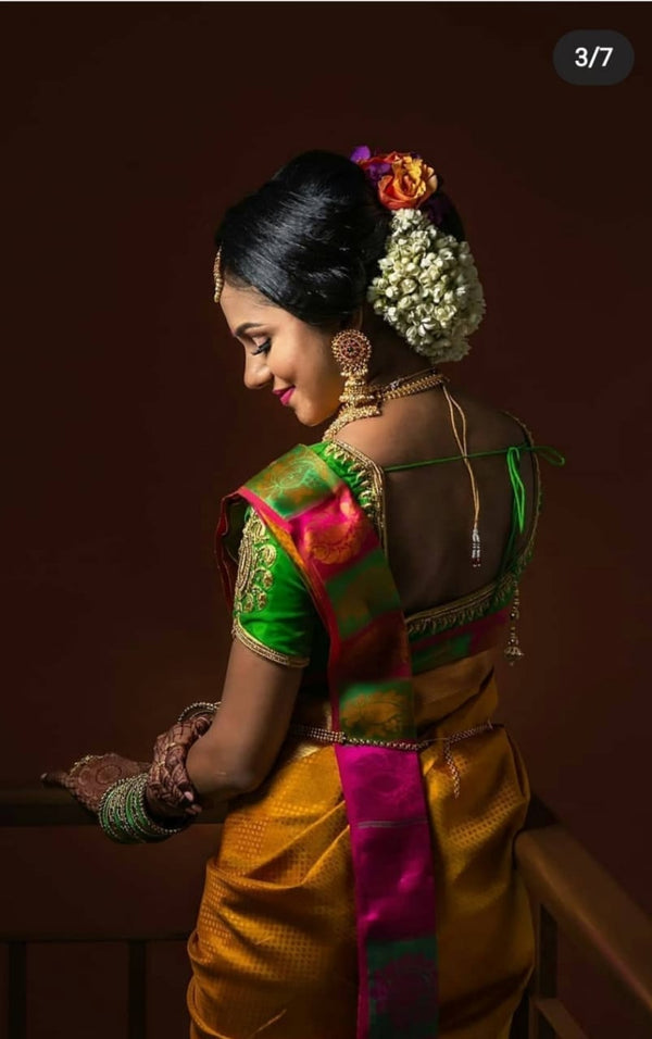 Assemblage Yellow Soft Banarasi Silk Saree With Demesne Two Blouse - Image 3