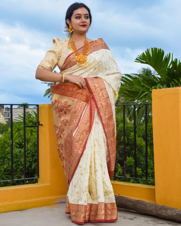 The Silk Women's Beautiful Off White Color Saree With Contrast Blouse for Festival & Wedding - Image 3