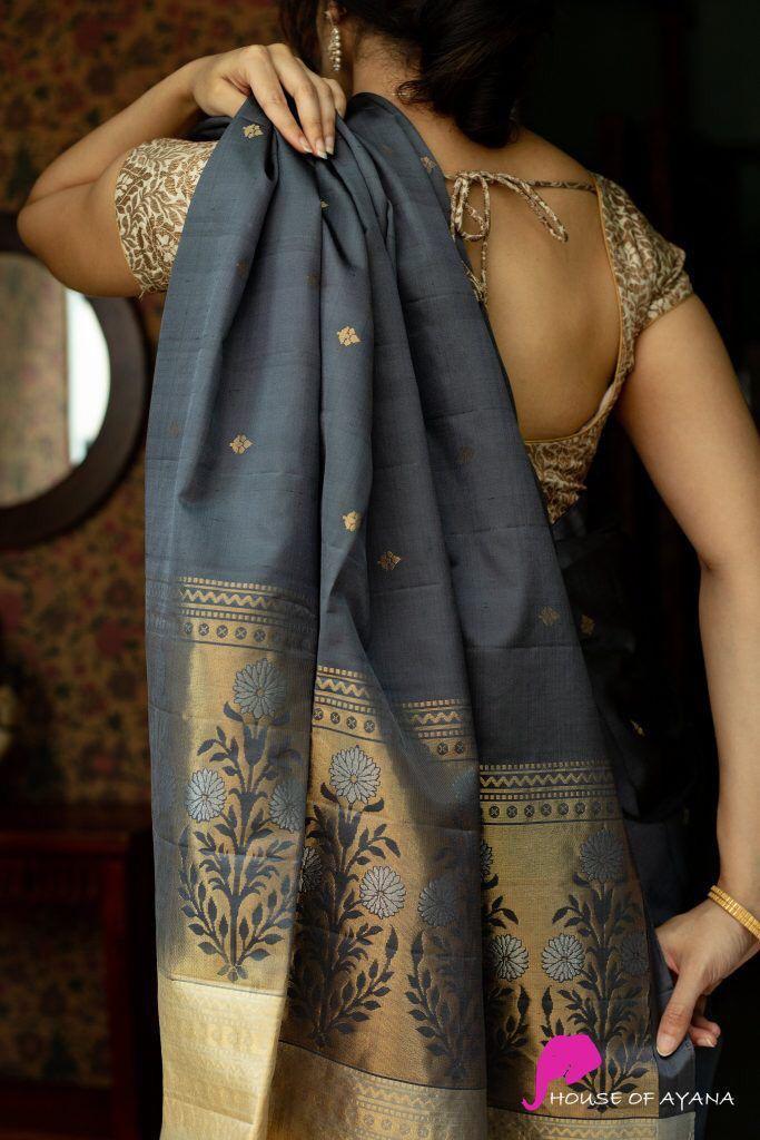 Snappy Grey Soft Silk Saree With Elision Blouse Piece - Image 3