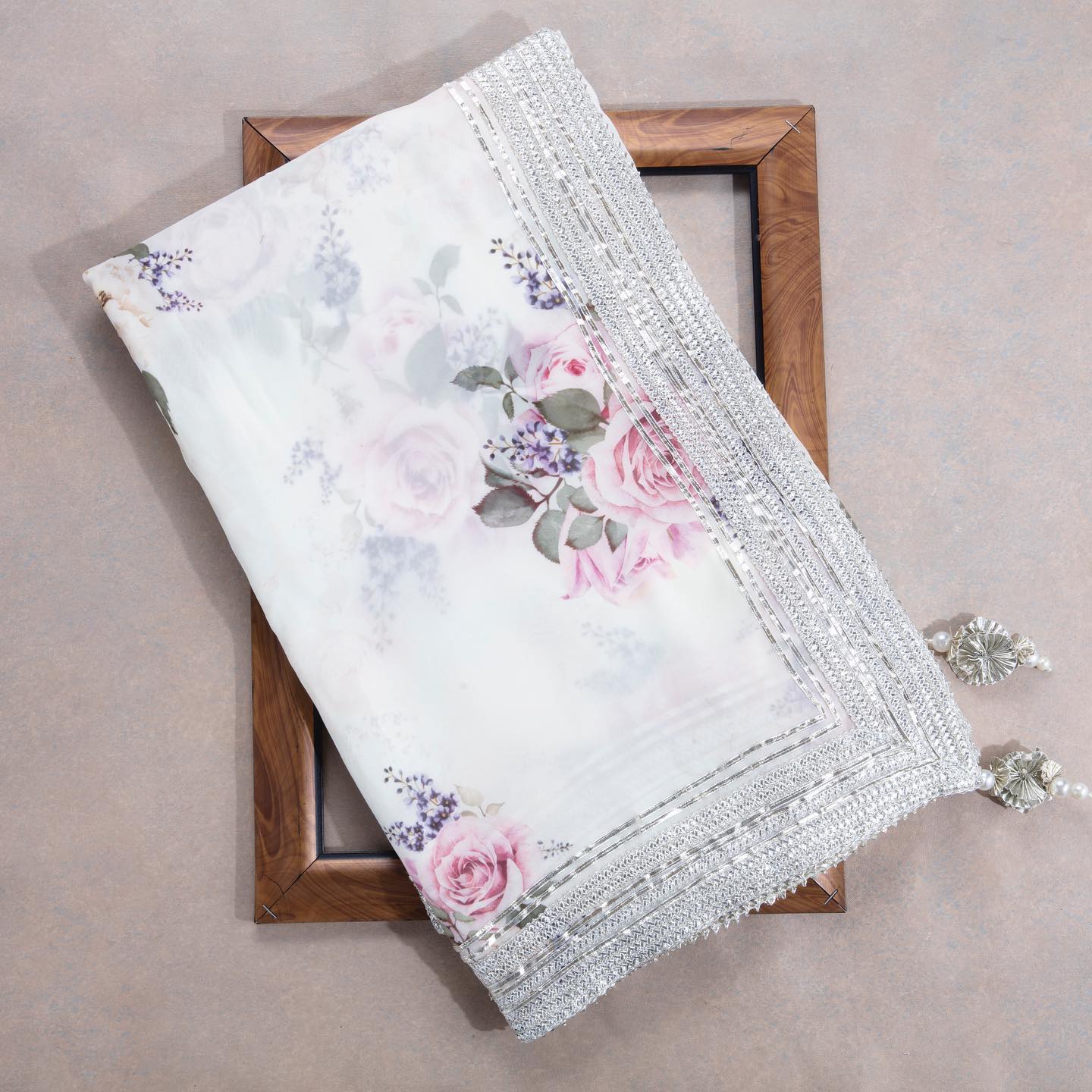 White Flower Rangoli Silk Sequence Embroidery Work Saree With Blouse - Image 2