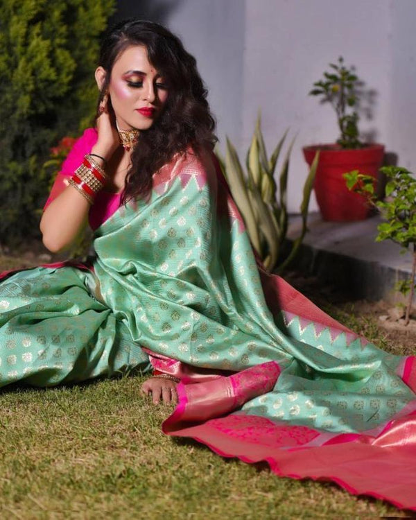 The Silk New Pista Pink Colour Beautiful Rich Pallu & Jacquard Work 5.5 m saree - Image 4