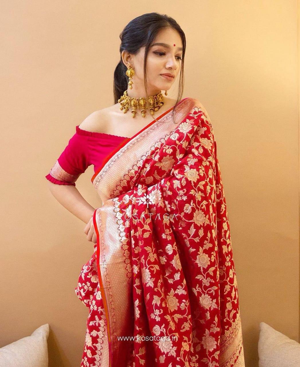 Designer Red Soft Banarasi Silk Saree With Impressive Blouse Piece - Image 4