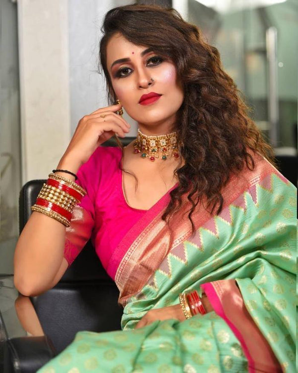 The Silk New Pista Pink Colour Beautiful Rich Pallu & Jacquard Work 5.5 m saree - Image 5