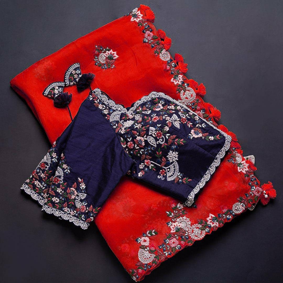 Red And Blue Colour Rangoli Silk Sequence Embroidery Work Saree With Blouse